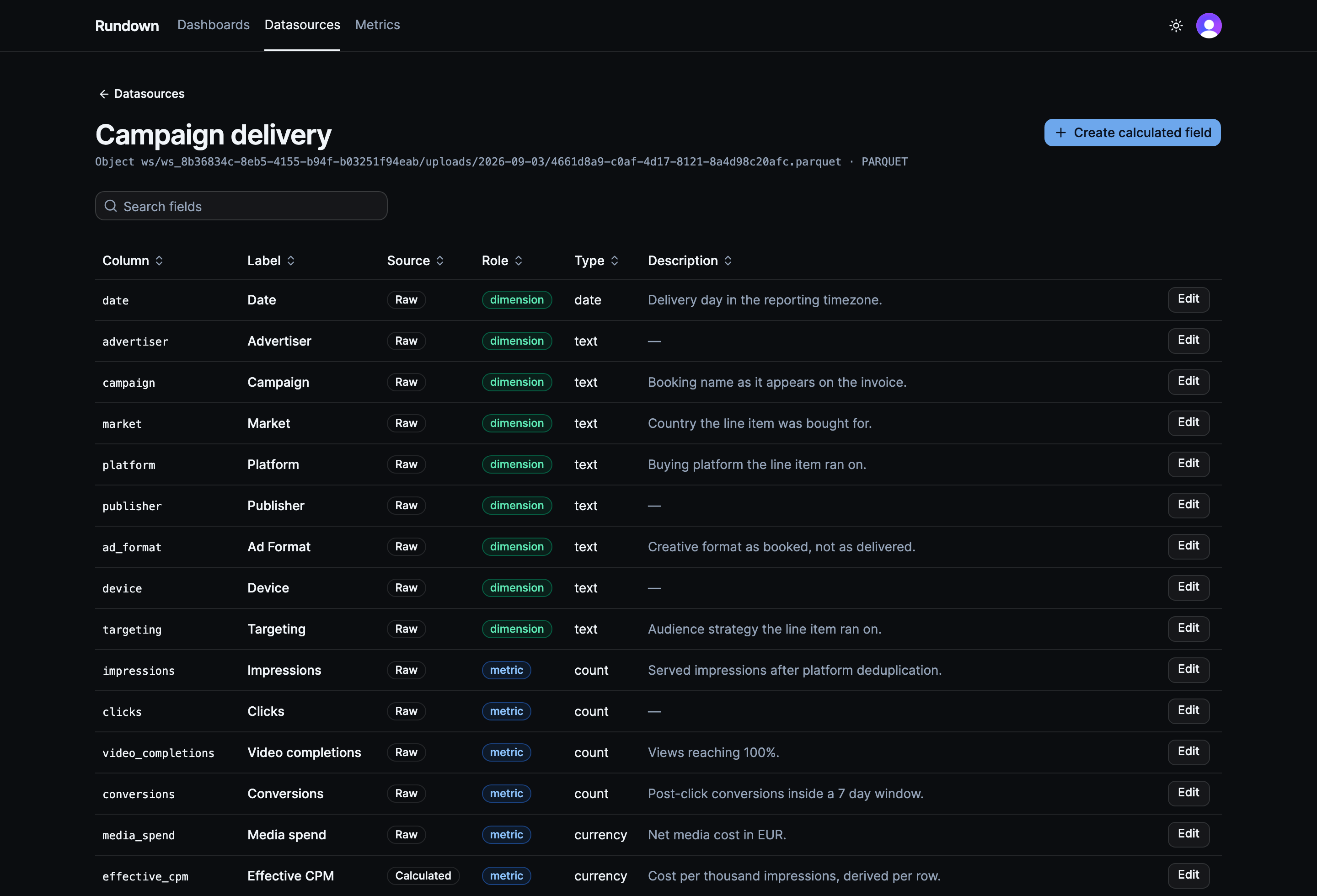 The Rundown datasource screen listing each column of a registered file with its label, source, role, type and description, ending with a calculated field.